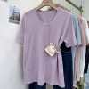 Bamboo joint cotton thin T-shirt, summer laid-back and casual style, U-neck loose and slightly transparent short-sleeved new versatile and breathable top for women Application Scenario